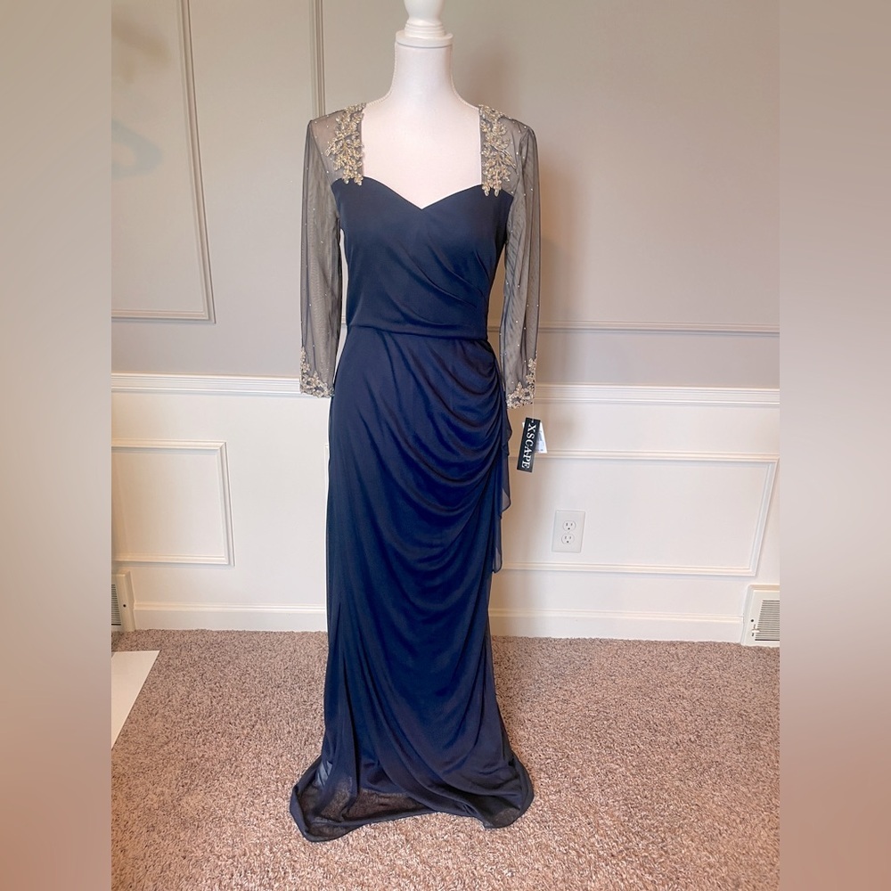 Xscape Midnight Blue Maxi Dress with Sheer Silver Sleeves